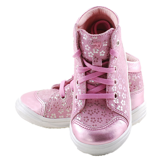 Rózsaszín, csillogó virágos, fűzős, extra hajlékony talpú, Richter cipő